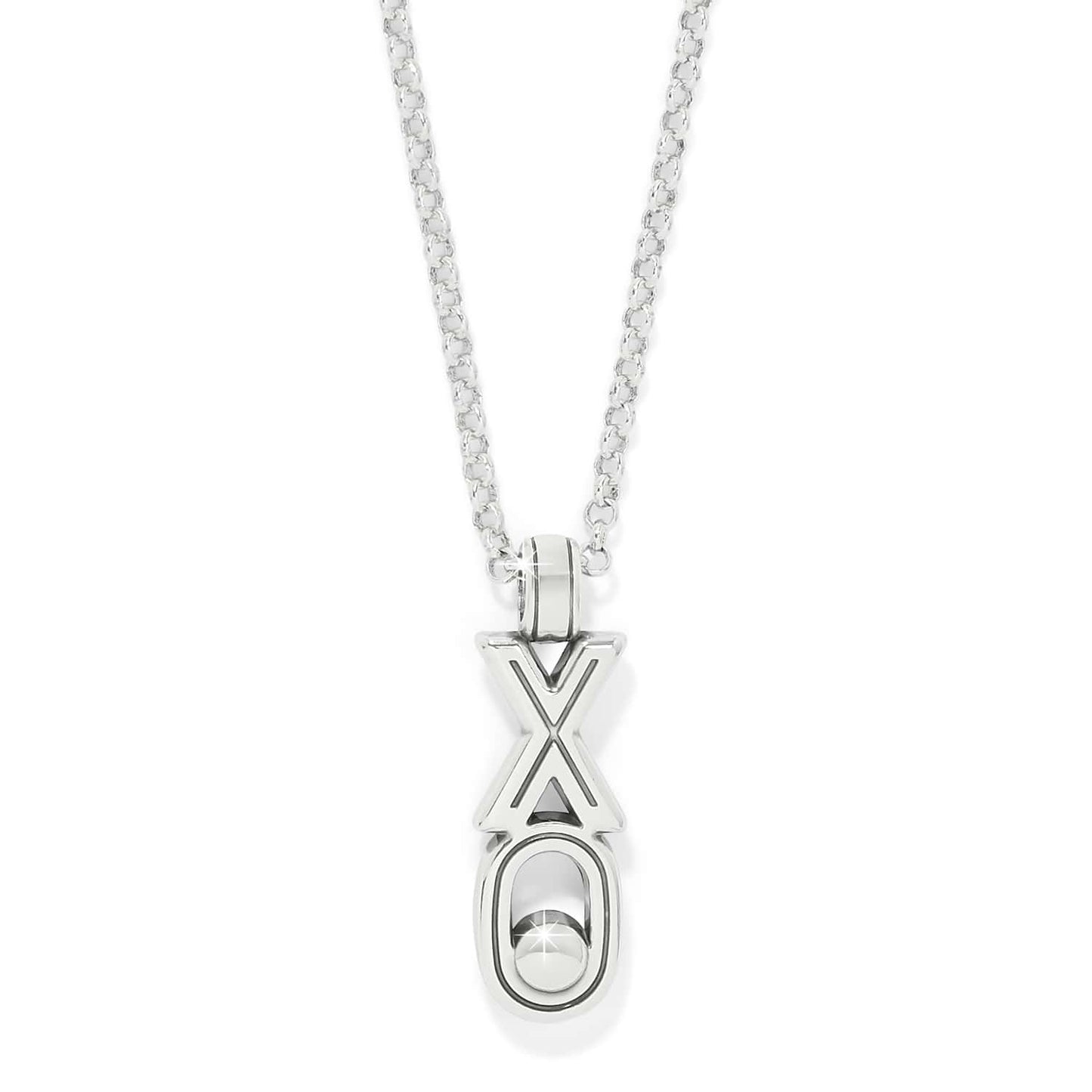 Brighton XO pendant necklace with silver-plated chain and stacked X and O charm design on a white background
