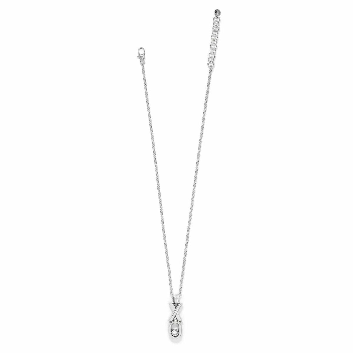 Brighton pendant necklace with silver-plated XO charm and crystal accent on a delicate chain on a white background