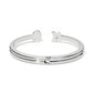Brighton hinged cuff bracelet with silver-plated finish and open ends featuring disc and X accents on a white background