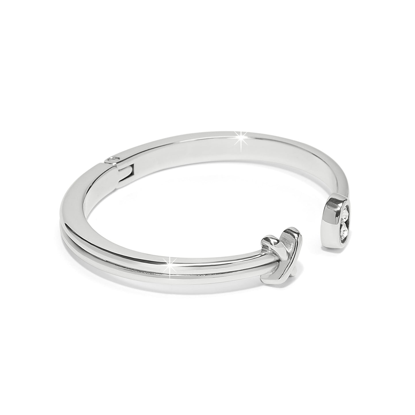Brighton hinged cuff bracelet with silver-plated finish and crystal accent on open ends on a white background