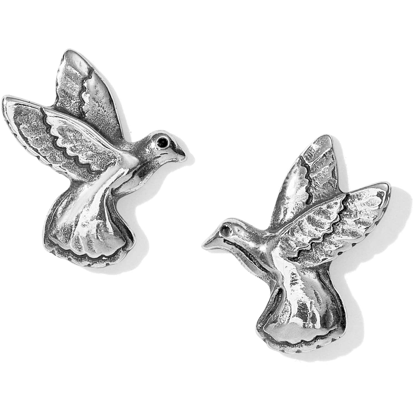 Brighton post earrings featuring silver-plated dove designs with detailed feather engravings and outstretched wings on a white background