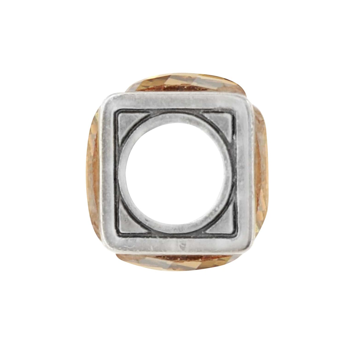 Brighton silver-plated bead charm with square opening and champagne faceted crystal sides on a white background