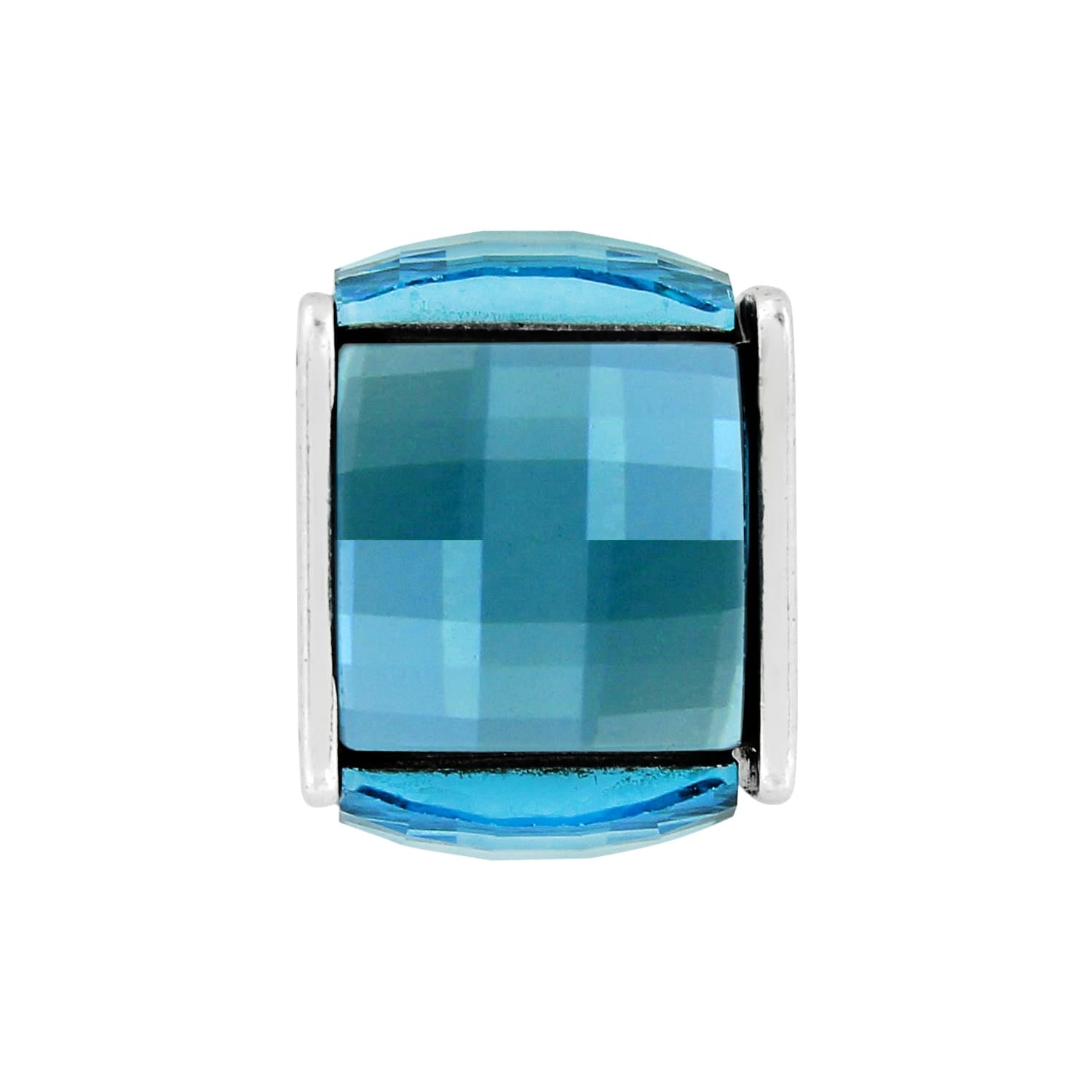 Brighton charm bead with faceted blue crystal center and silver-plated end caps on a white background