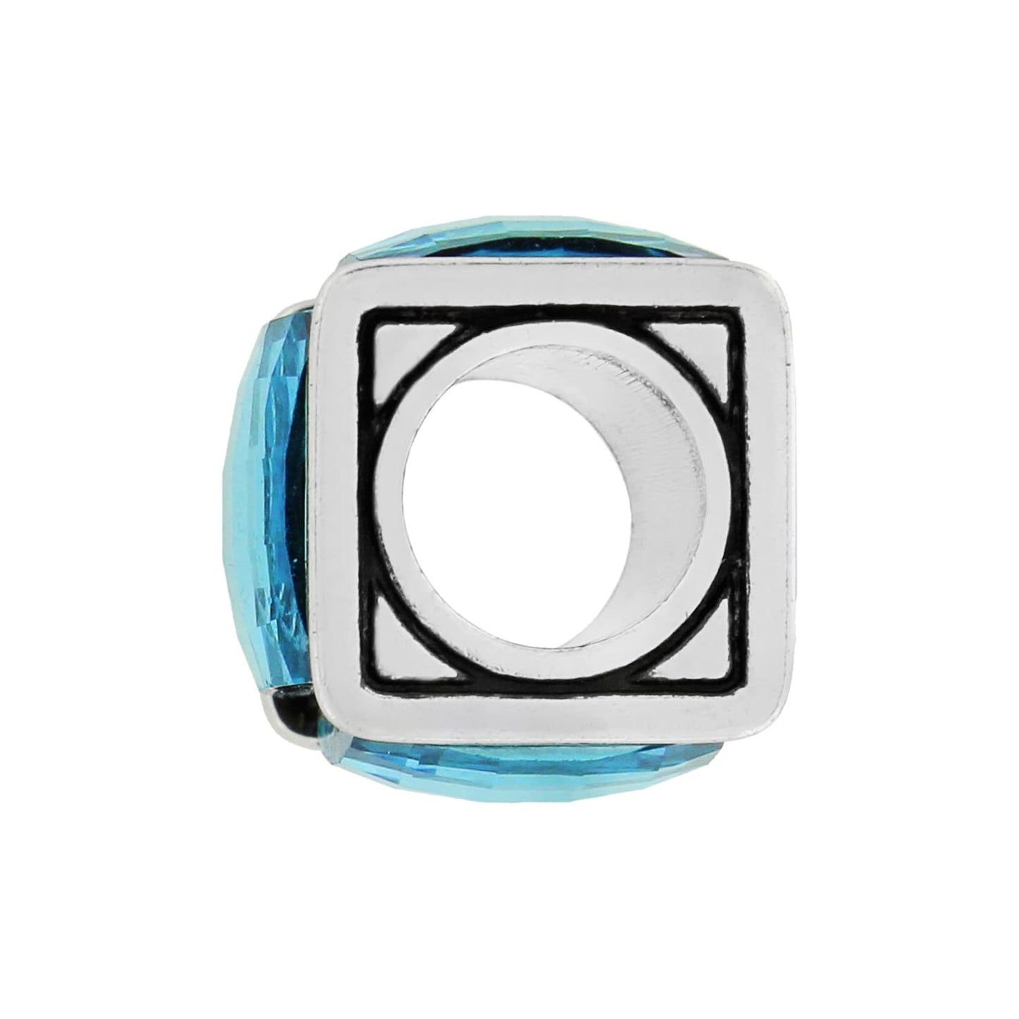 Brighton charm bead with silver-plated square frame and faceted aqua blue crystal sides on a white background