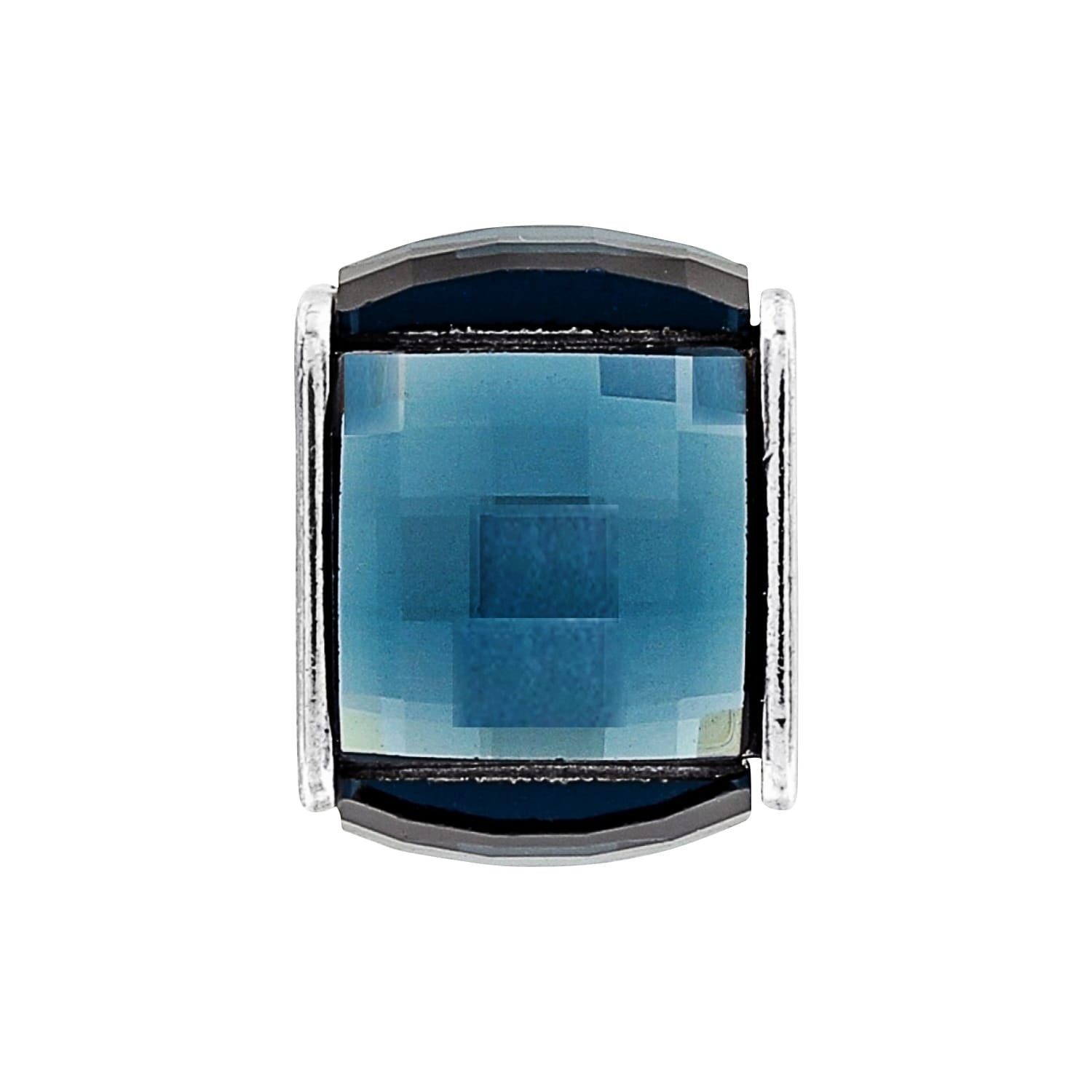 Brighton charm bead with faceted blue crystal center and silver-plated end caps on a white background