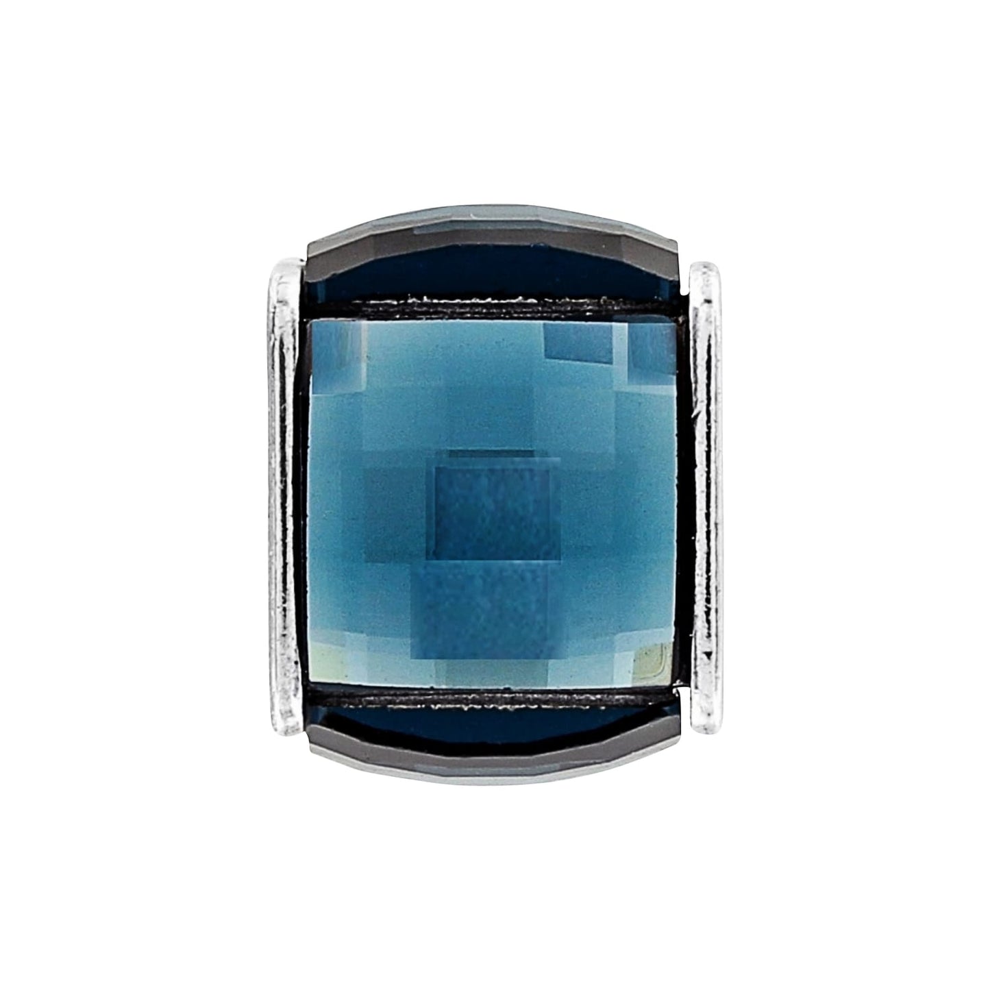 Brighton charm bead with faceted blue crystal center and silver-plated end caps on a white background