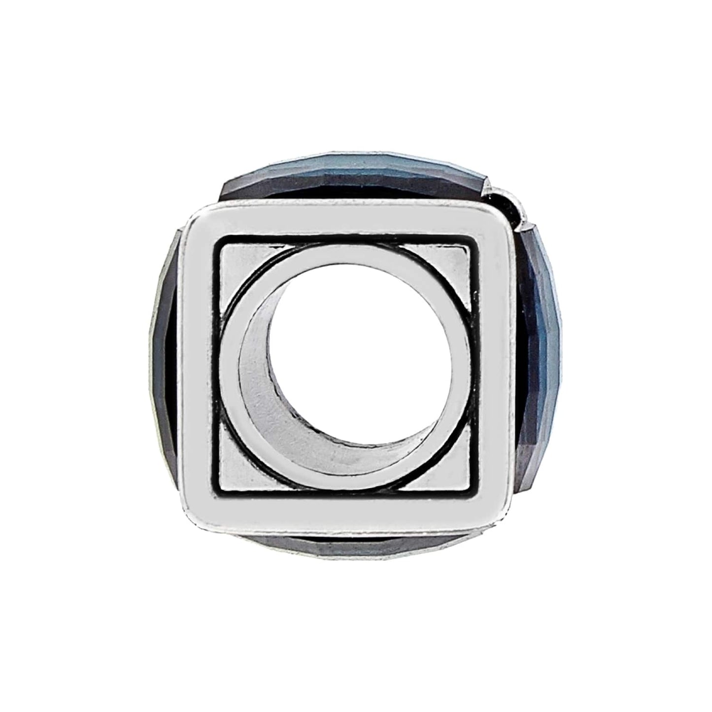 Brighton silver-plated charm bead shown end view with square frame, circular opening, and blue crystal sides on white background