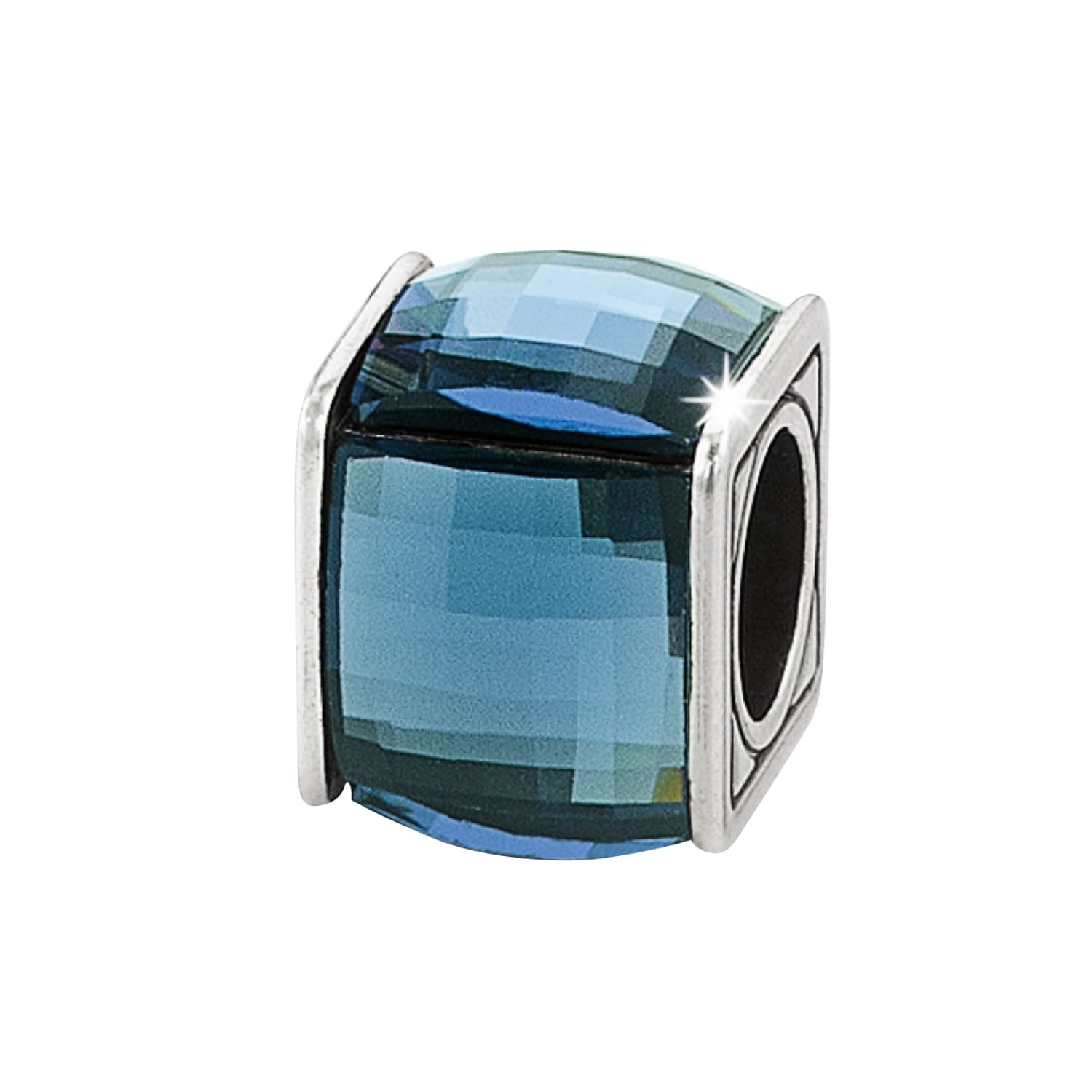 Brighton charm bead with faceted blue crystal and silver-plated end caps with scroll detail on a white background