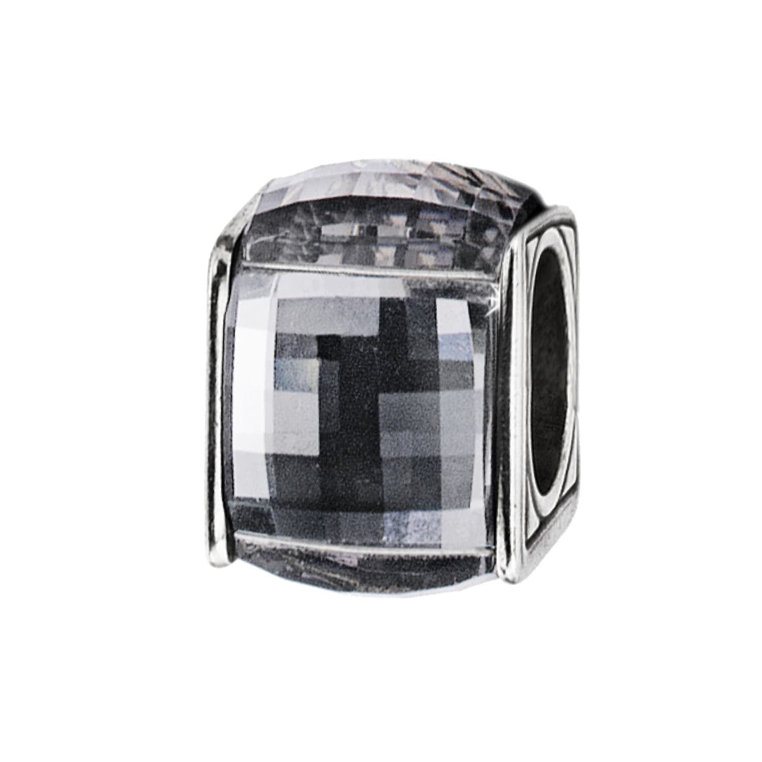 Brighton charm bead with faceted gray crystal center and silver-plated end caps on a white background