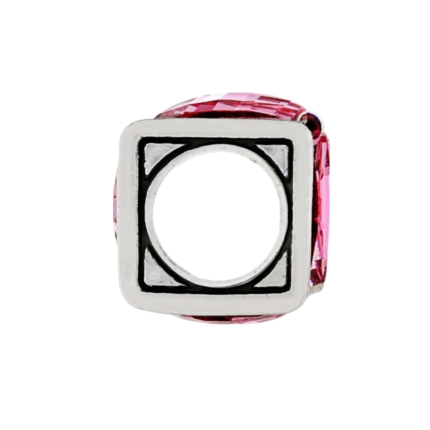 Brighton silver-plated charm bead with pink faceted crystal sides and square framed opening on a white background