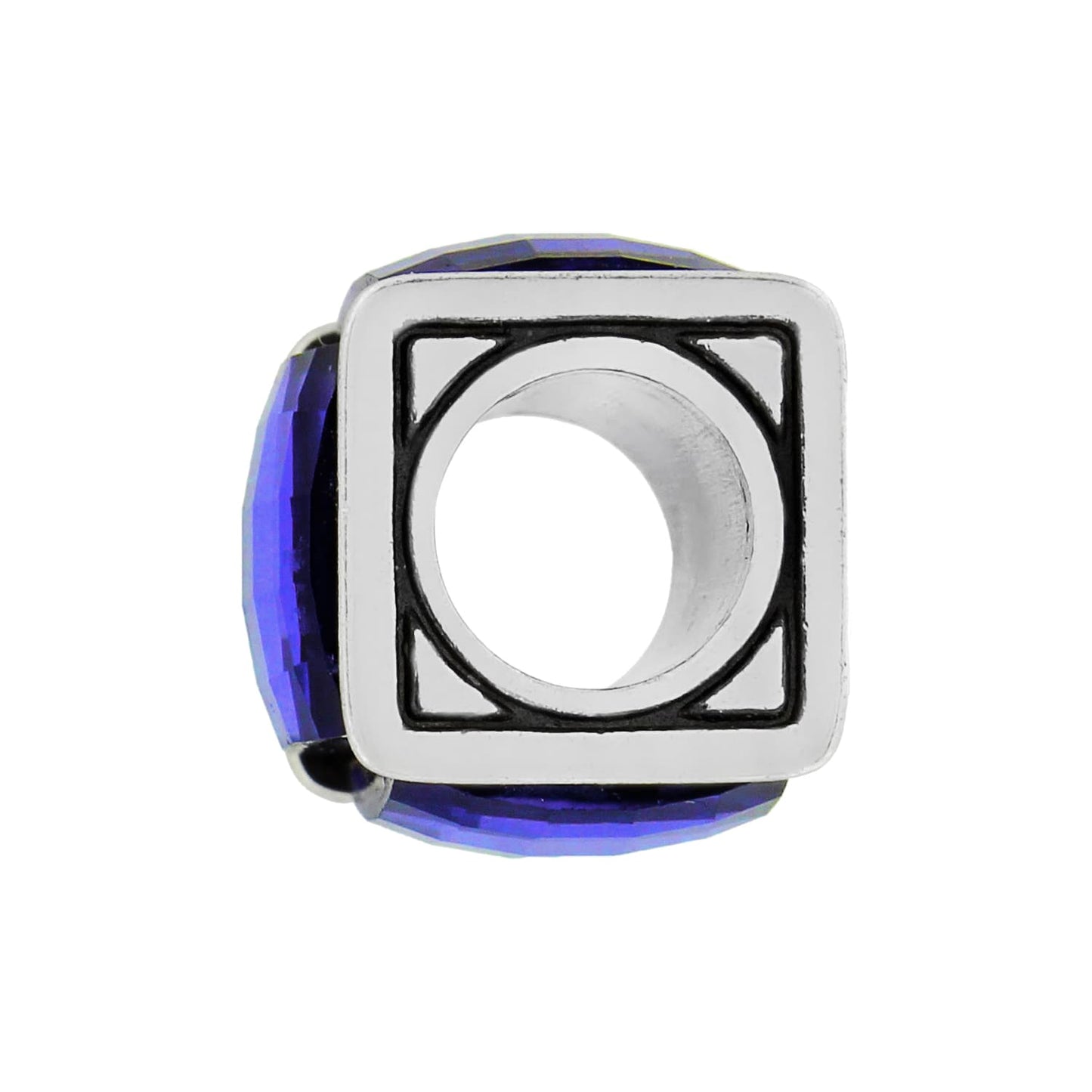 Brighton charm bead with silver-plated square frame and blue faceted crystal accents on a white background