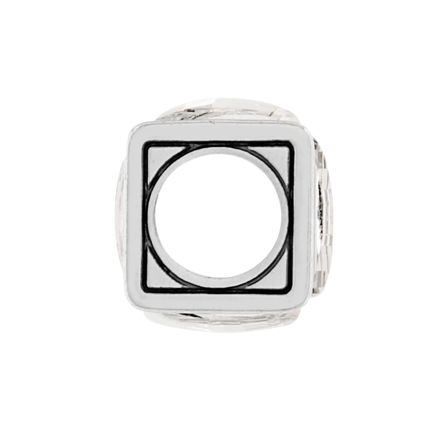 Brighton silver-plated charm bead with square outline design and round center opening on a white background