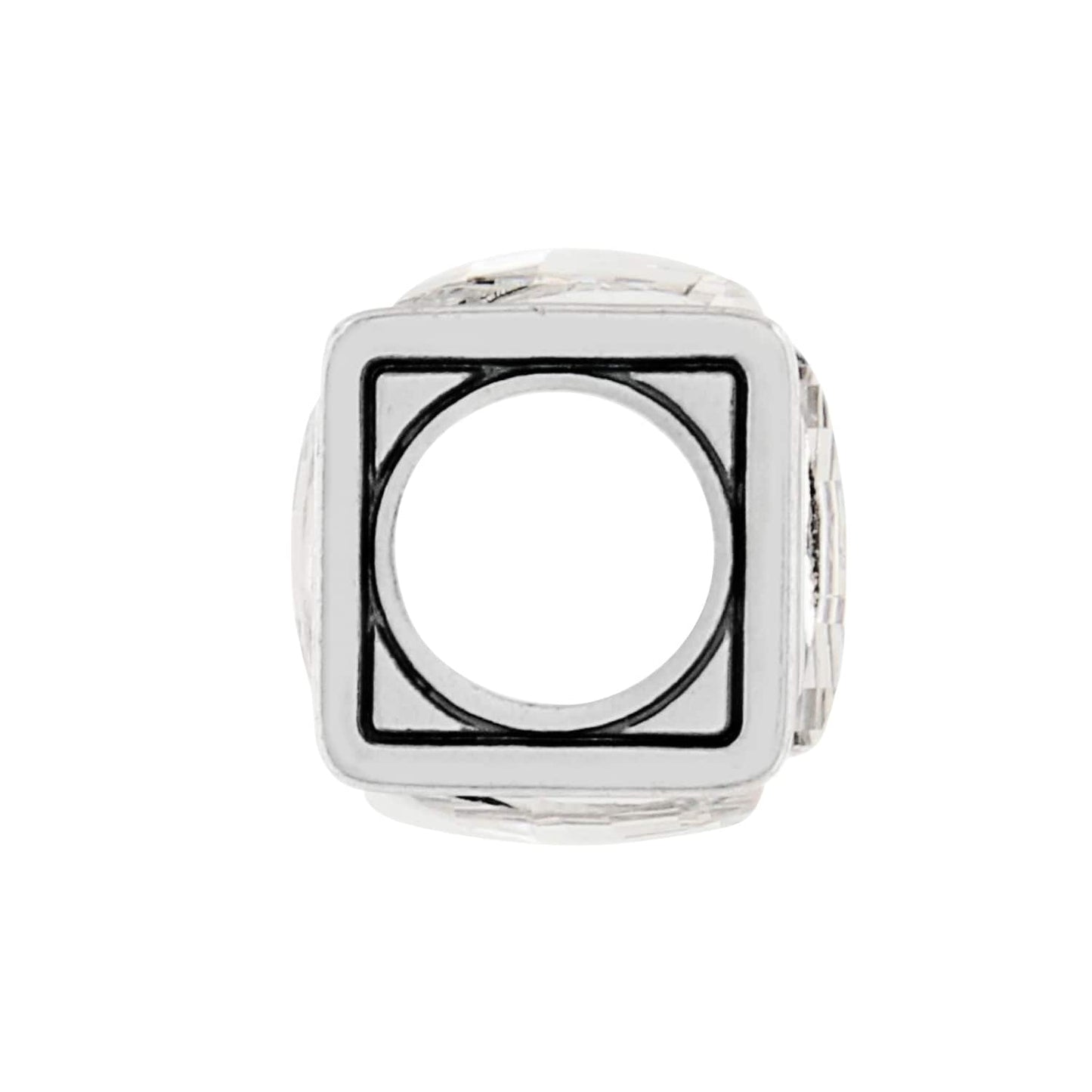 Brighton silver-plated charm bead with square outline design and round center opening on a white background