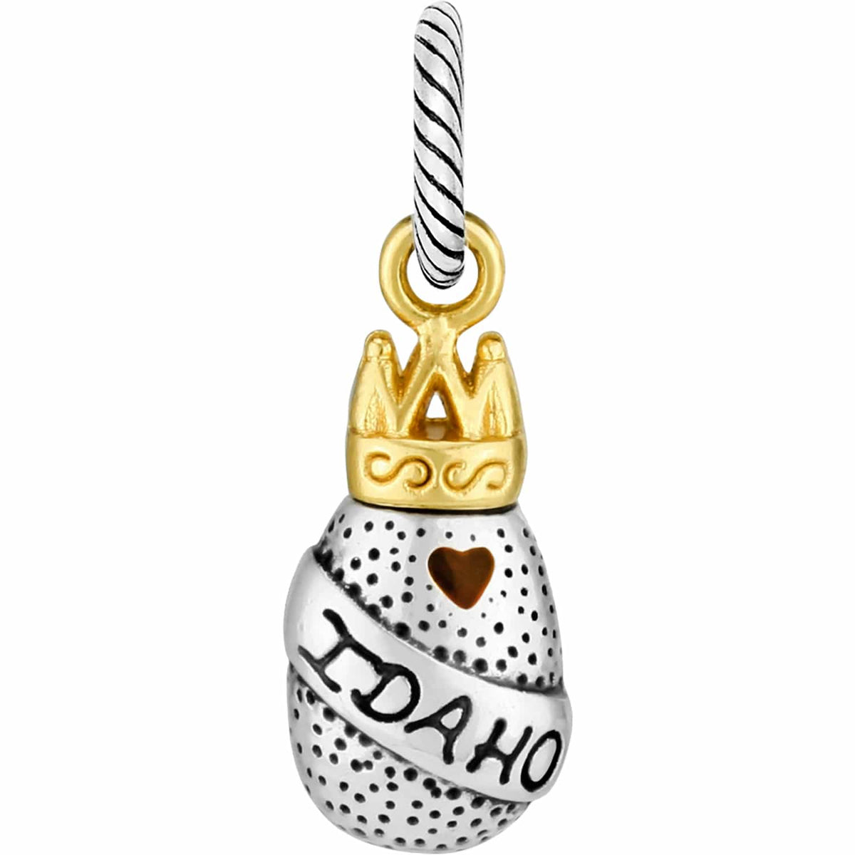 Brighton Idaho charm with silver-tone dotted body, gold-tone crown, heart accent, and banner detail on a white background