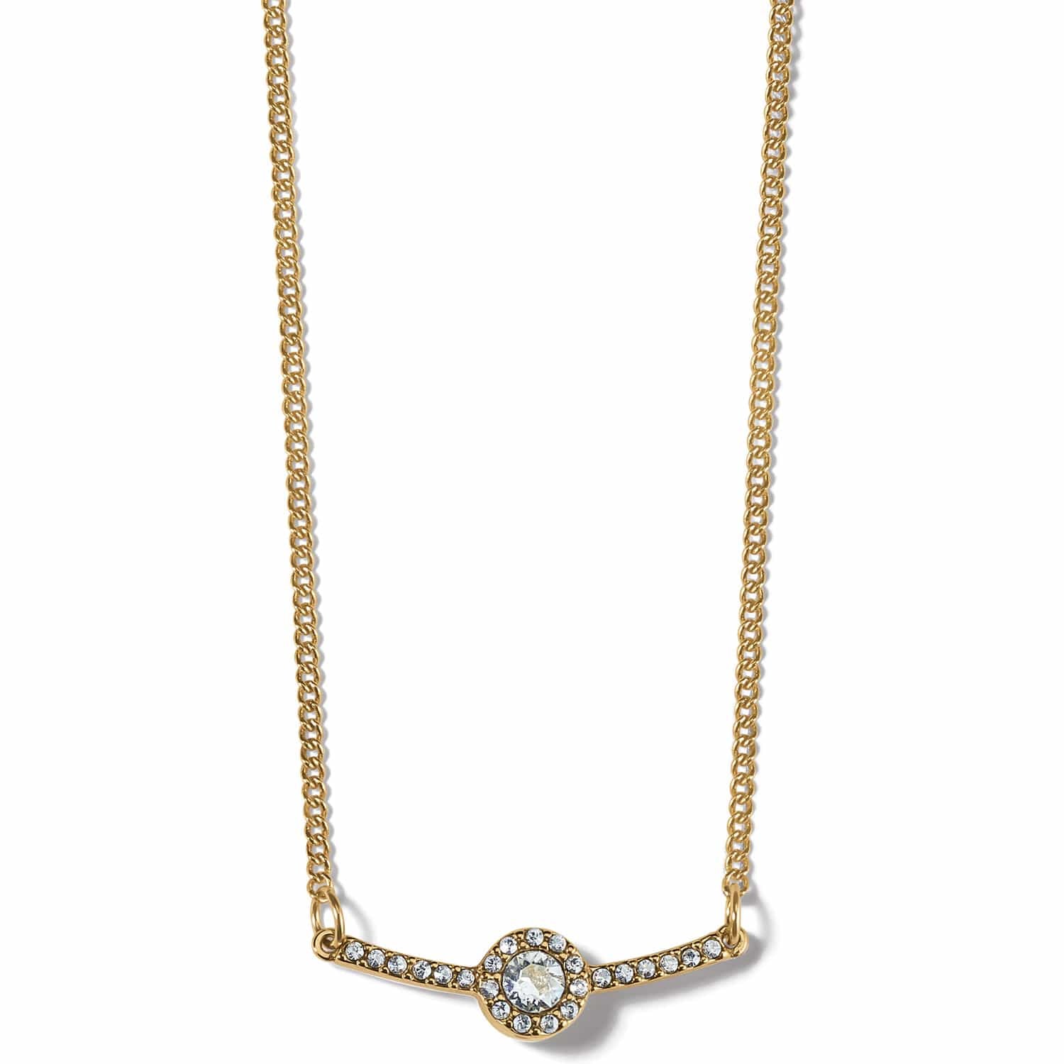 Brighton gold-plated bar necklace with central round crystal and pavé crystal accents on a white background