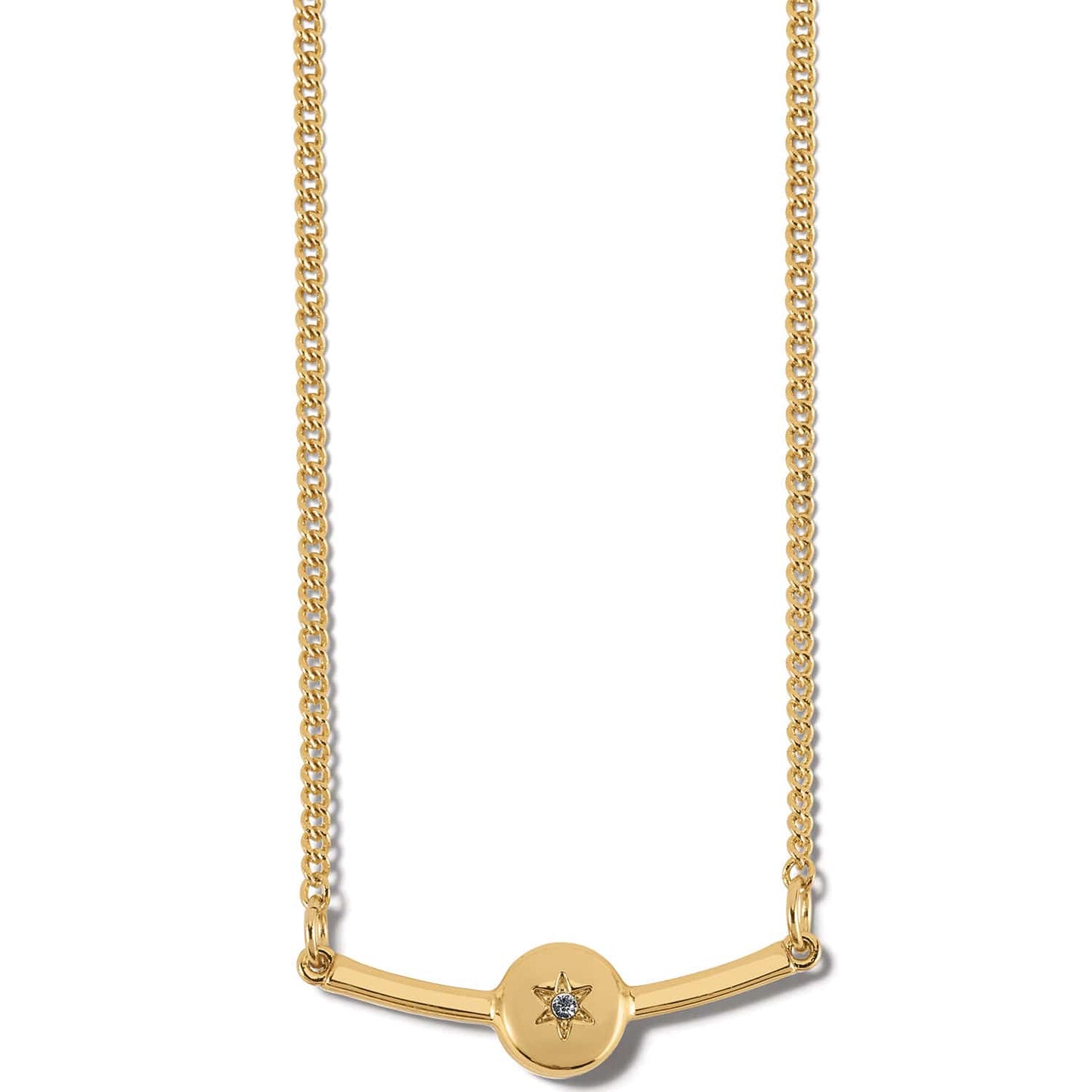 Brighton gold-plated chain necklace with curved bar pendant featuring a star-set crystal accent on a white background