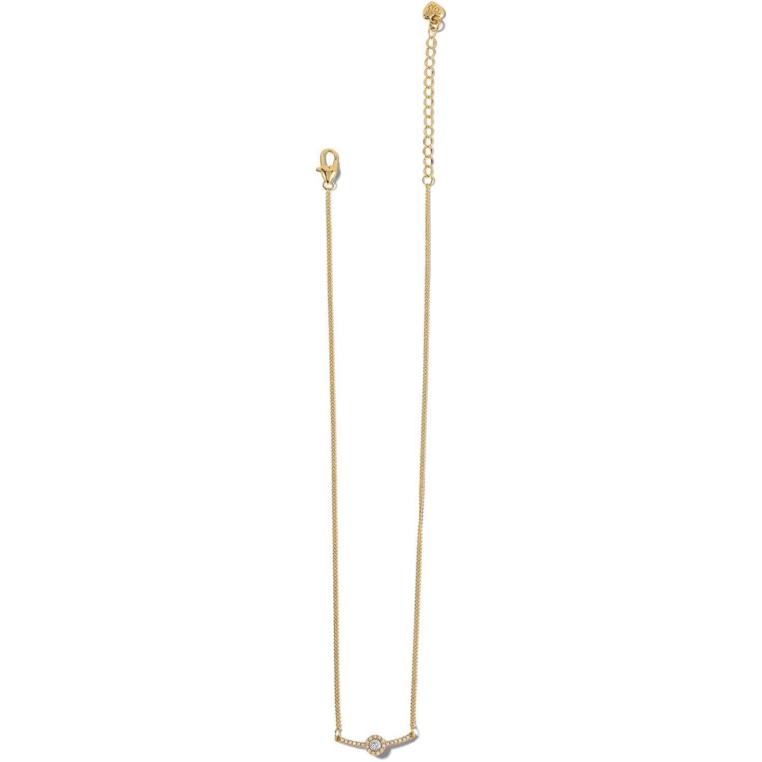 Brighton gold-plated necklace with crystal-accented bar pendant, lobster clasp, and adjustable extender chain on a white background