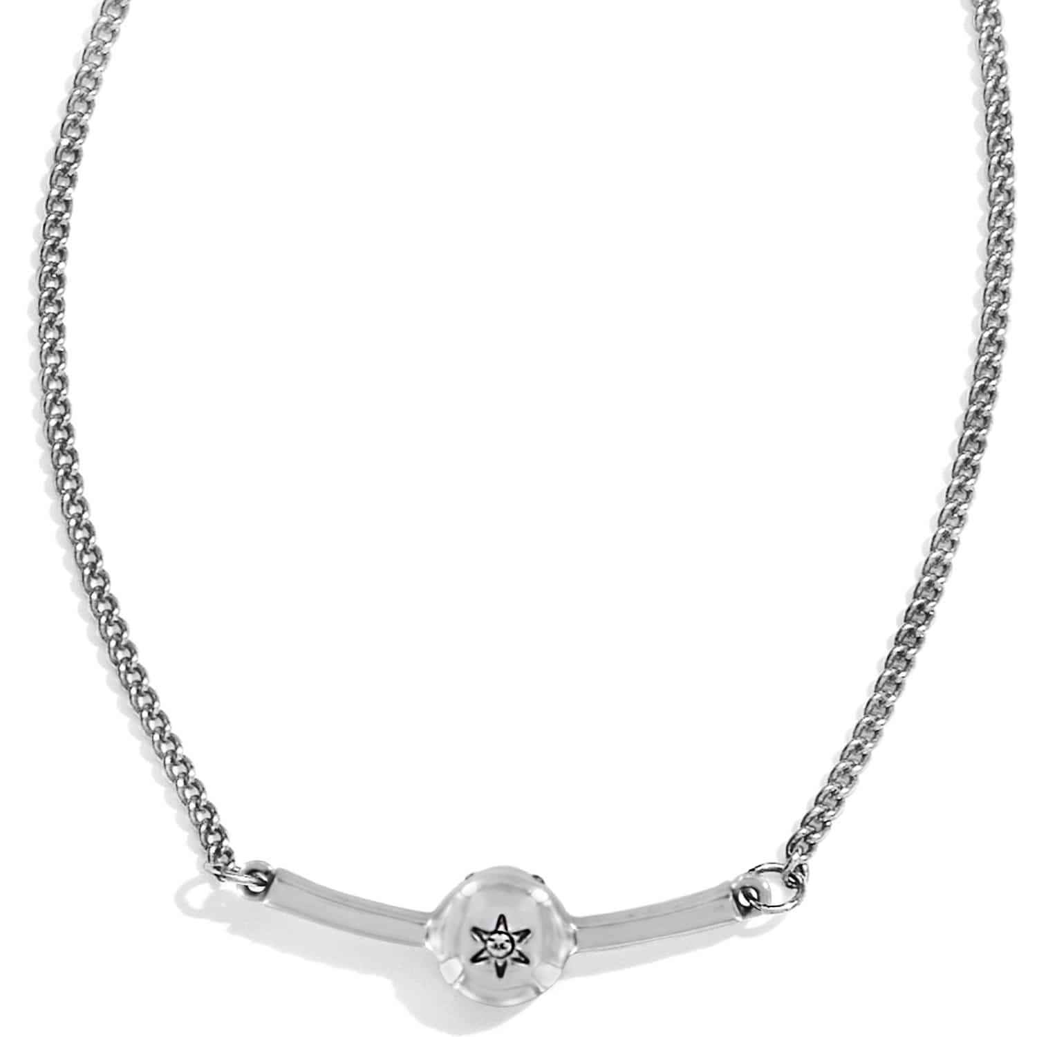 Brighton necklace with silver-tone curved bar pendant featuring a small engraved star medallion on a white background
