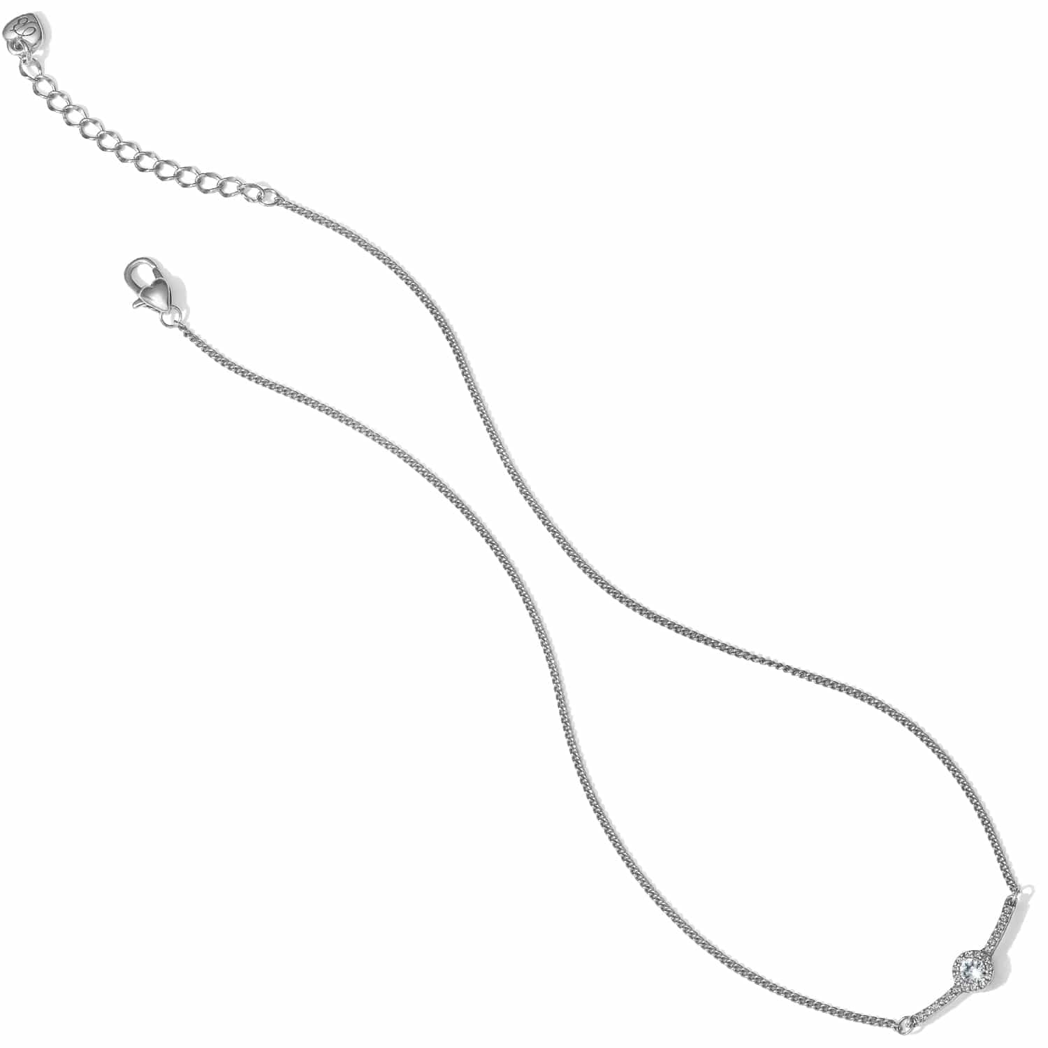 Brighton necklace with silver-tone curb chain, lobster clasp, extender, and small crystal pendant accent on a white background
