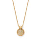 Brighton pendant necklace with gold-plated round disc, crystal pavé center, and rope-textured border on a white background