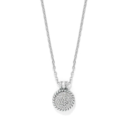 Brighton pendant necklace with silver-plated round disc, crystal pavé center, and rope-textured border on a white background