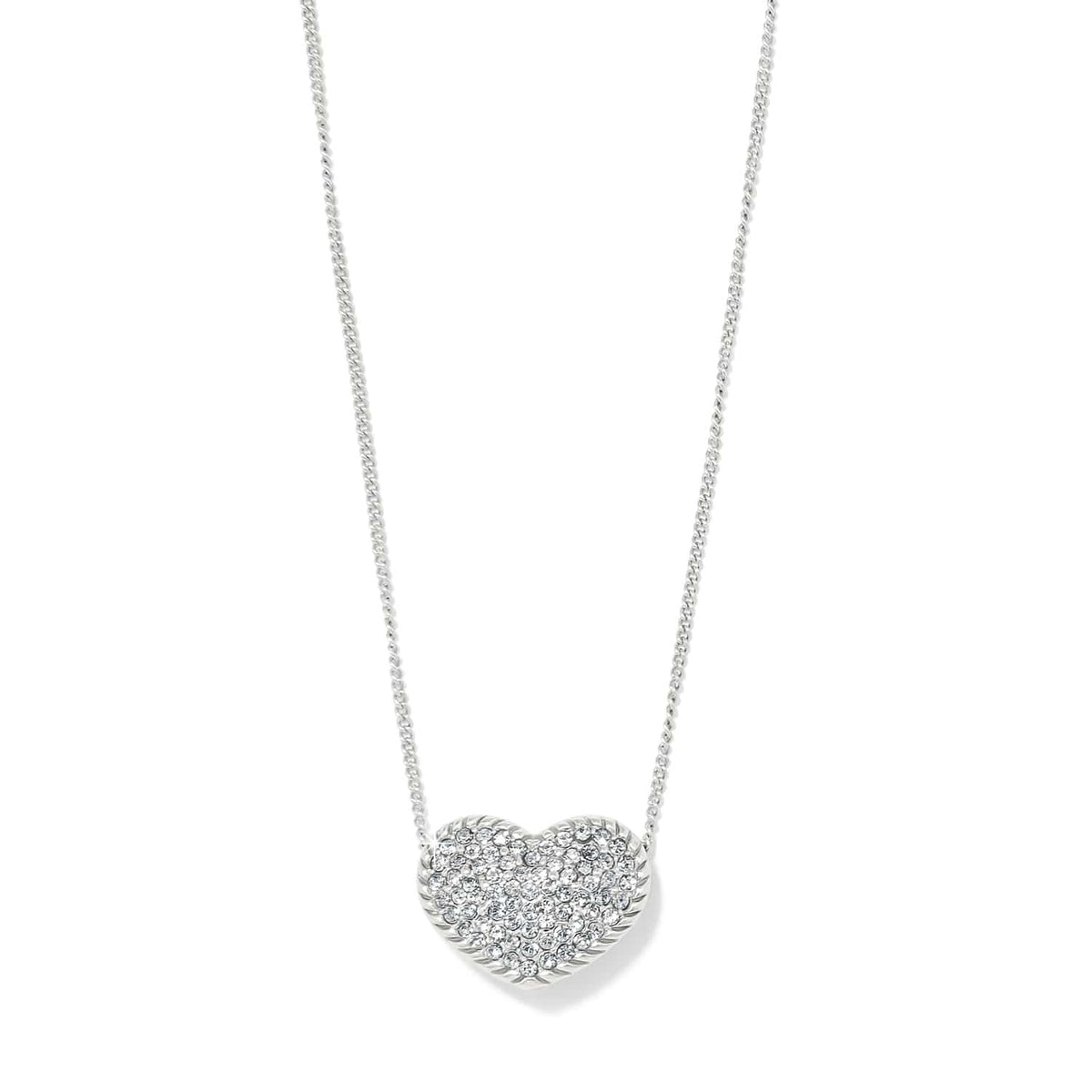 Brighton pendant necklace with silver-plated heart pavé crystals on a delicate chain on a white background