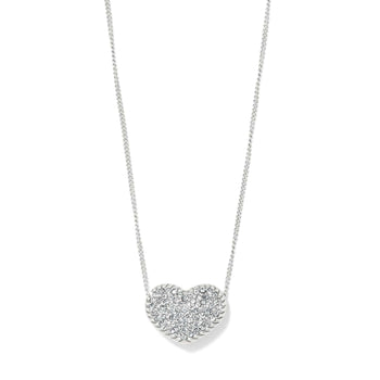 Brighton pendant necklace with silver-plated heart pavé crystals on a delicate chain on a white background
