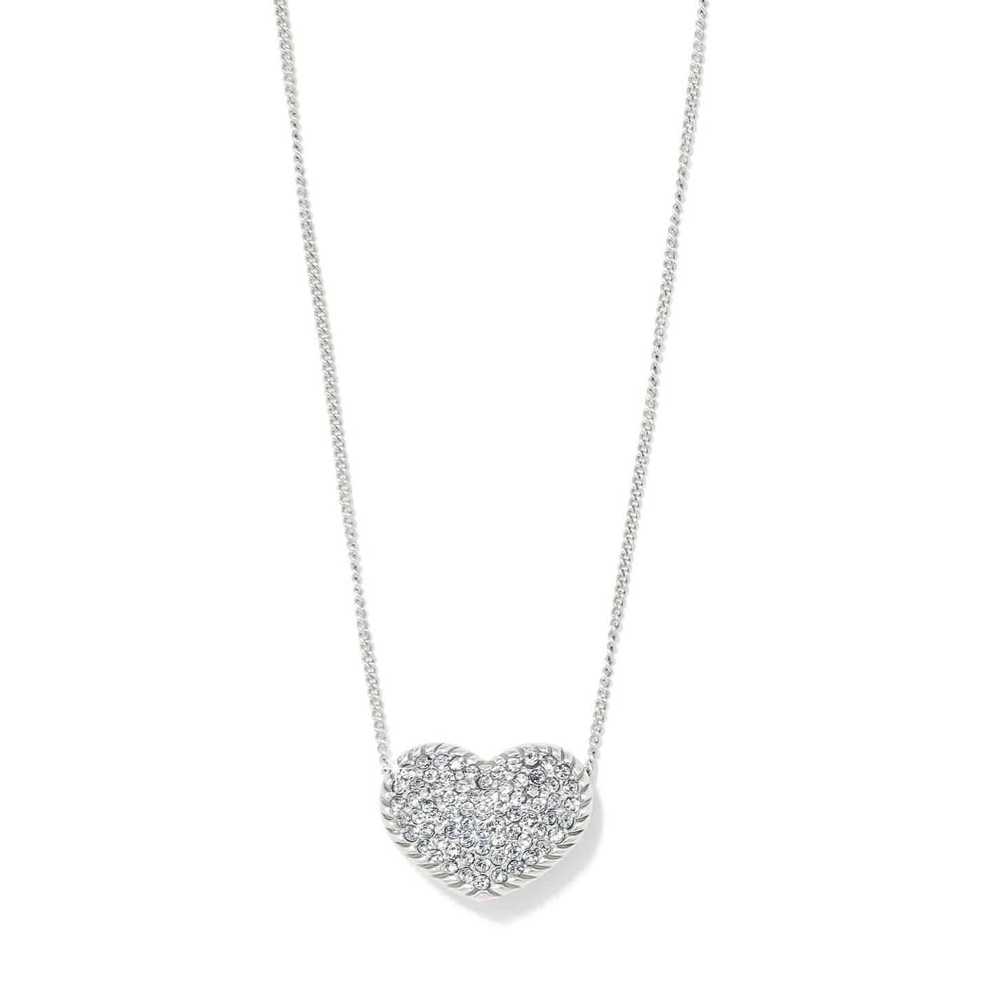Brighton pendant necklace with silver-plated heart pavé crystals on a delicate chain on a white background