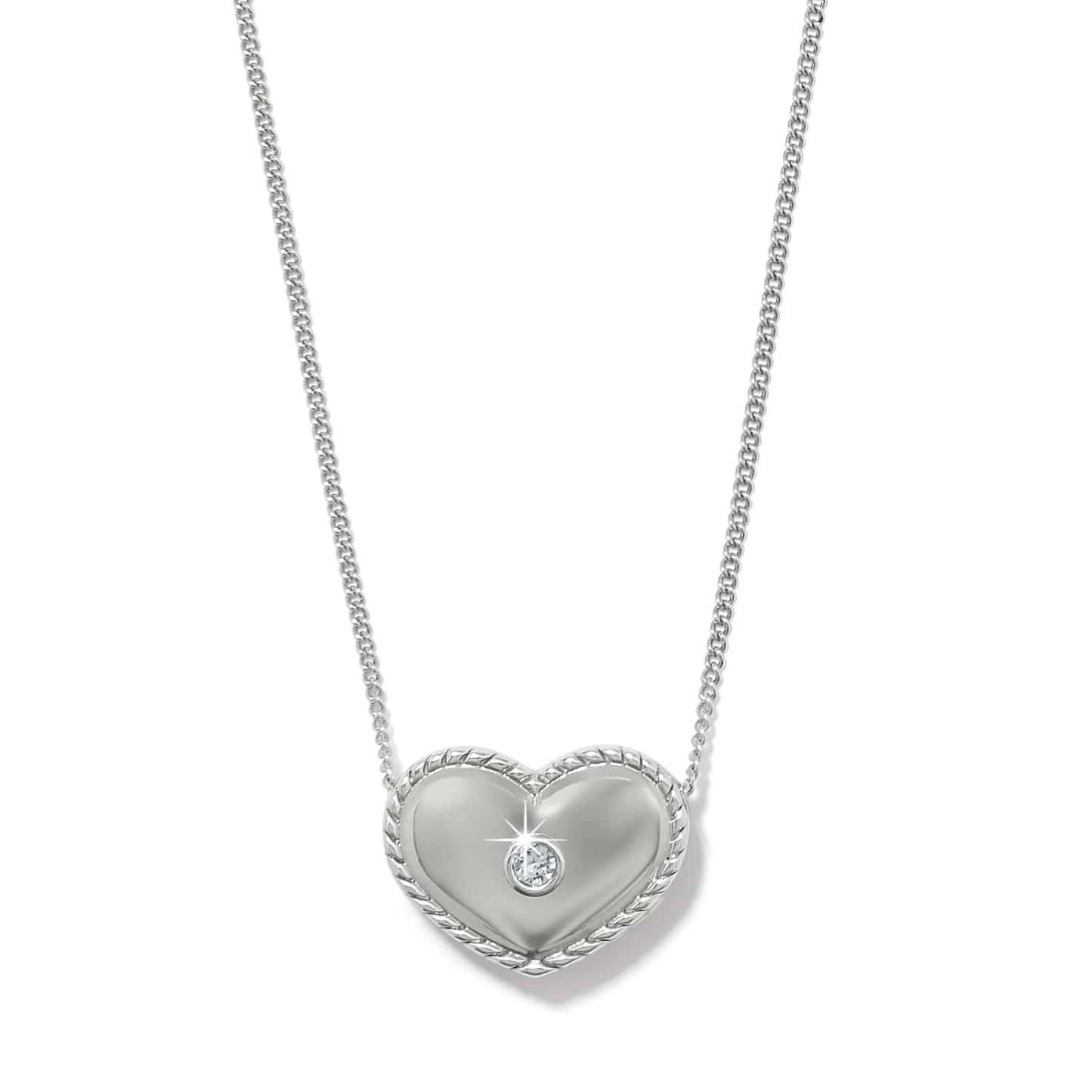 Brighton pendant necklace with silver-plated heart, rope border, and center crystal accent on a white background