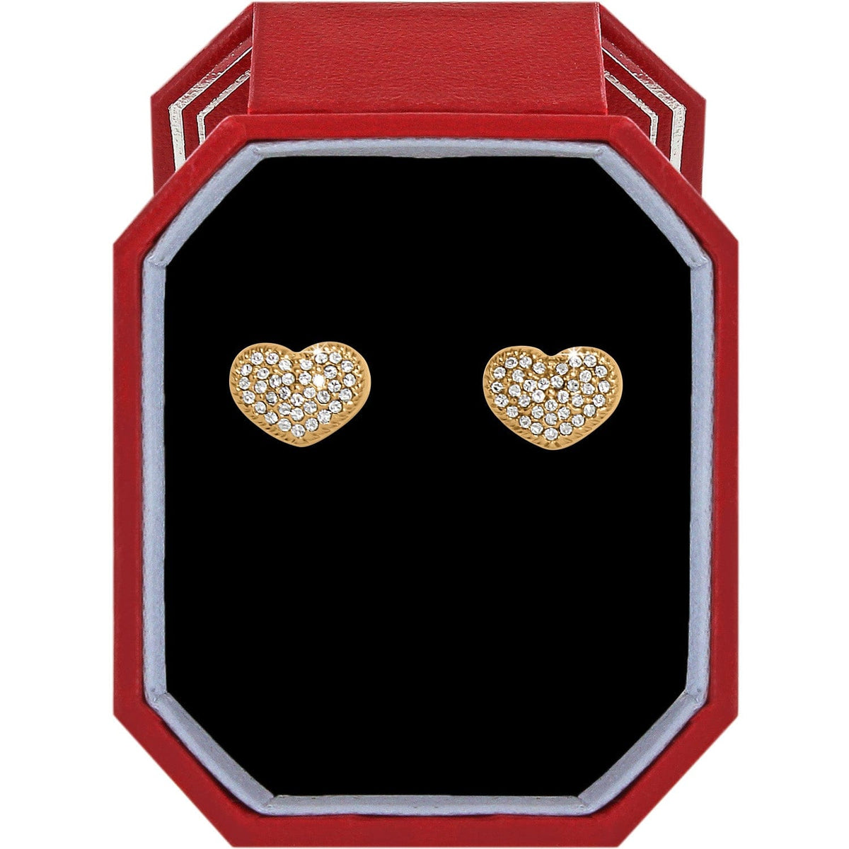 Brighton heart stud earrings with gold-plated finish and crystal pavé accents displayed in a red gift box