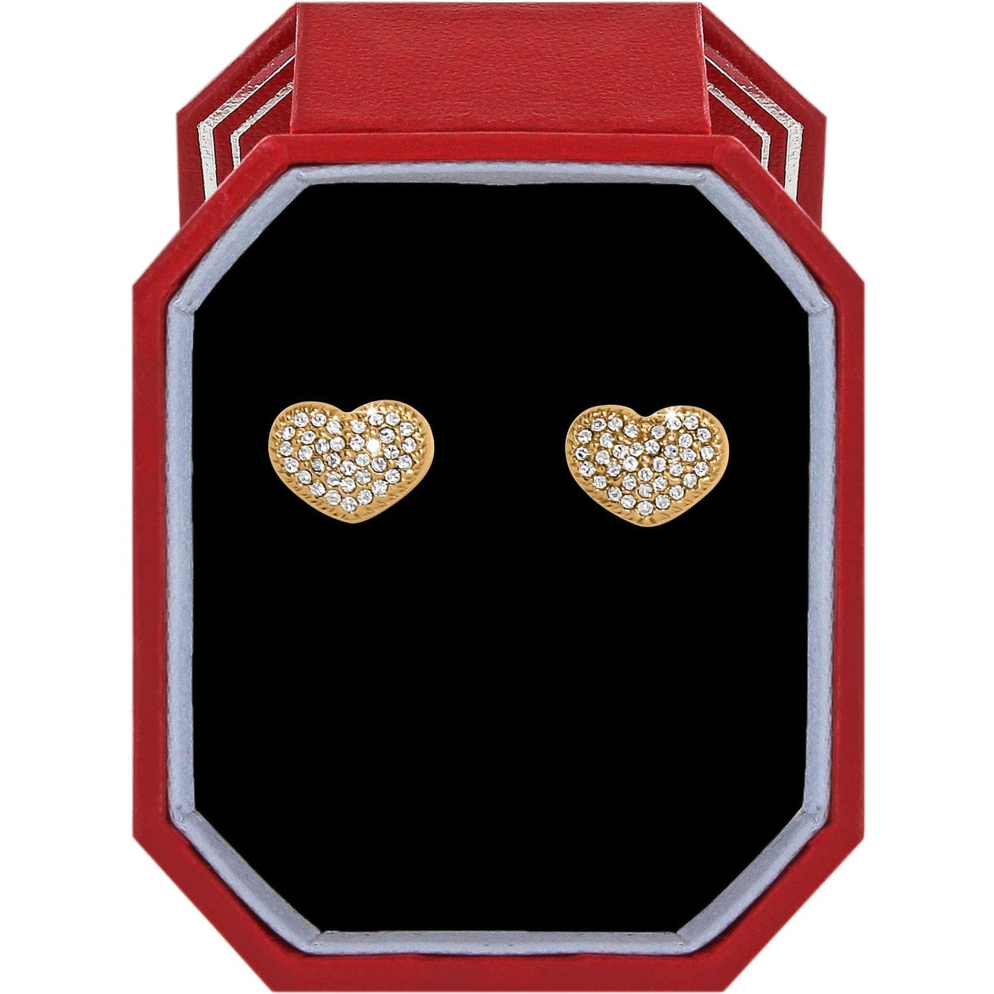Brighton heart stud earrings with gold-plated finish and crystal pavé accents displayed in a red gift box