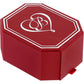 Brighton red jewelry gift box with white border and decorative scroll heart emblem on a white background