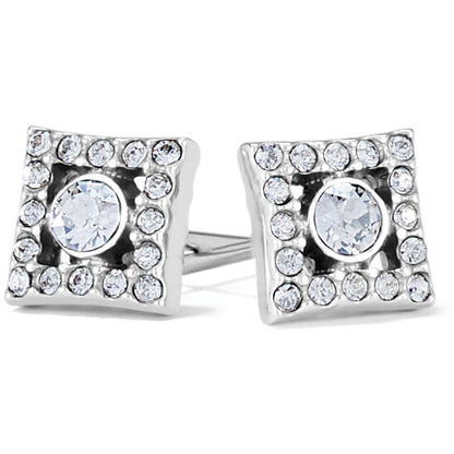 Brighton square stud earrings with center crystal and pavé crystal border in silver-plated finish on a white background