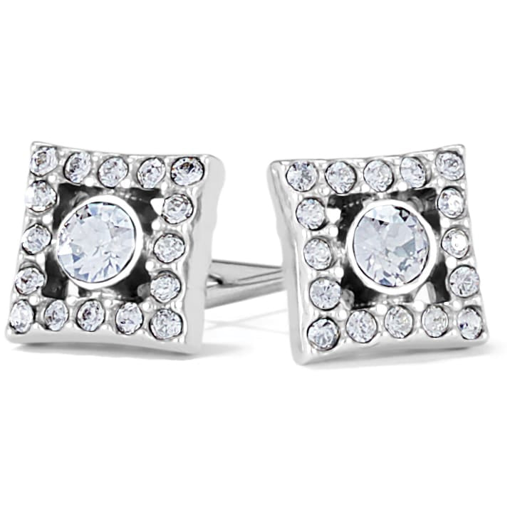 Brighton square stud earrings with center crystal and pavé crystal border in silver-plated finish on a white background