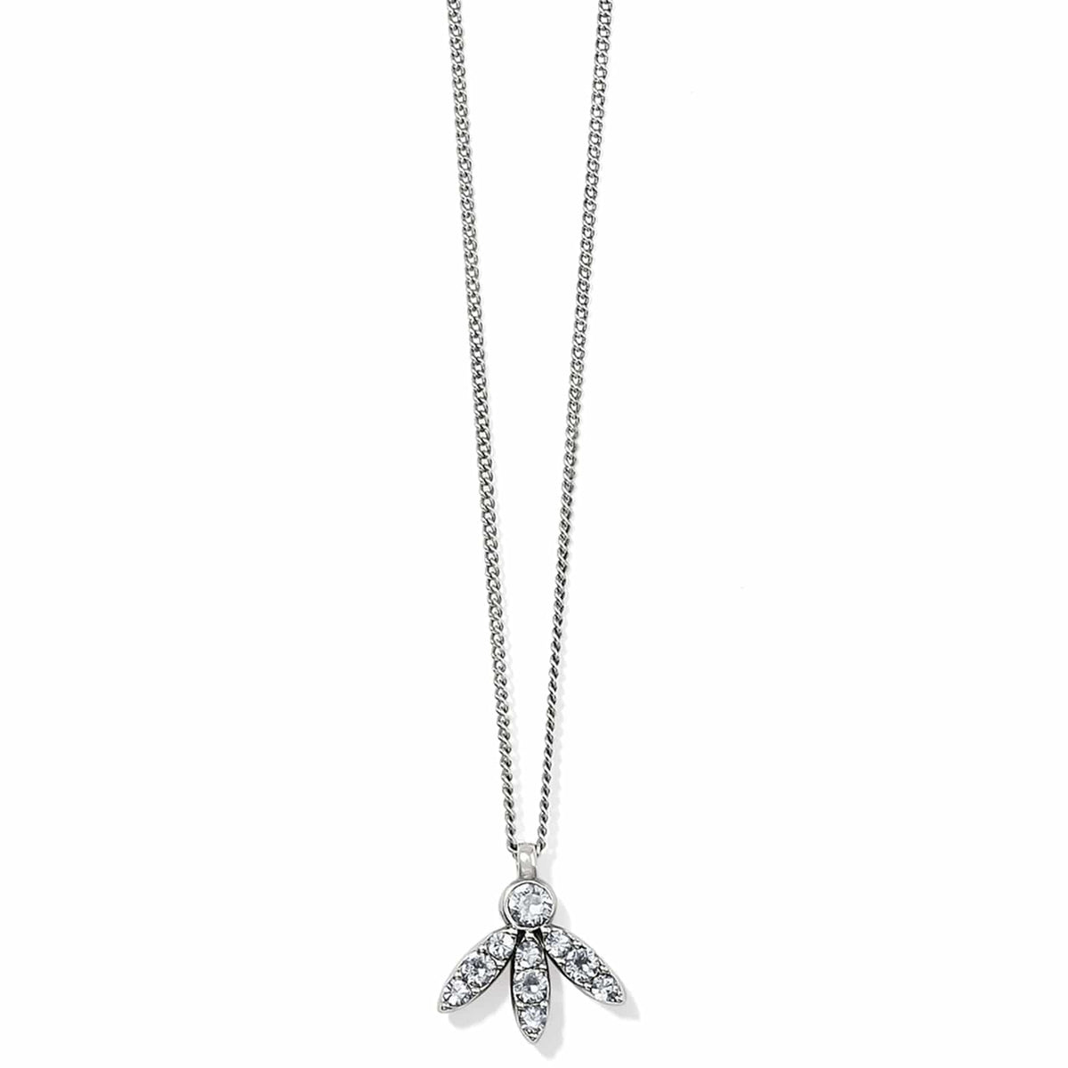 Brighton pendant necklace with silver-plated chain and crystal leaf-shaped cluster charm on a white background