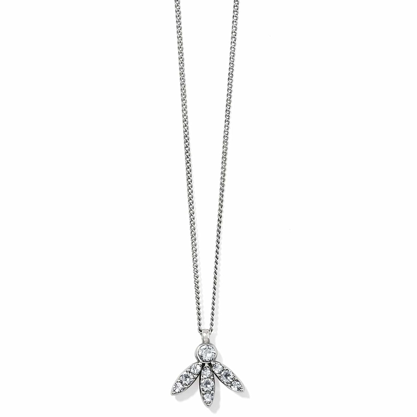 Brighton pendant necklace with silver-plated chain and crystal leaf-shaped cluster charm on a white background