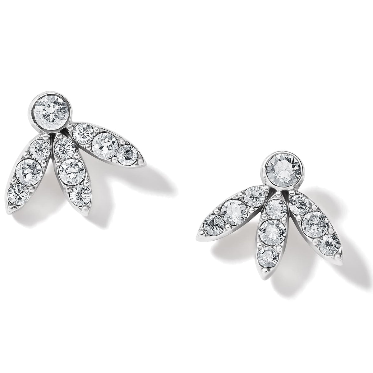 Brighton stud earrings with silver-plated leaf clusters and round crystal accents on a white background