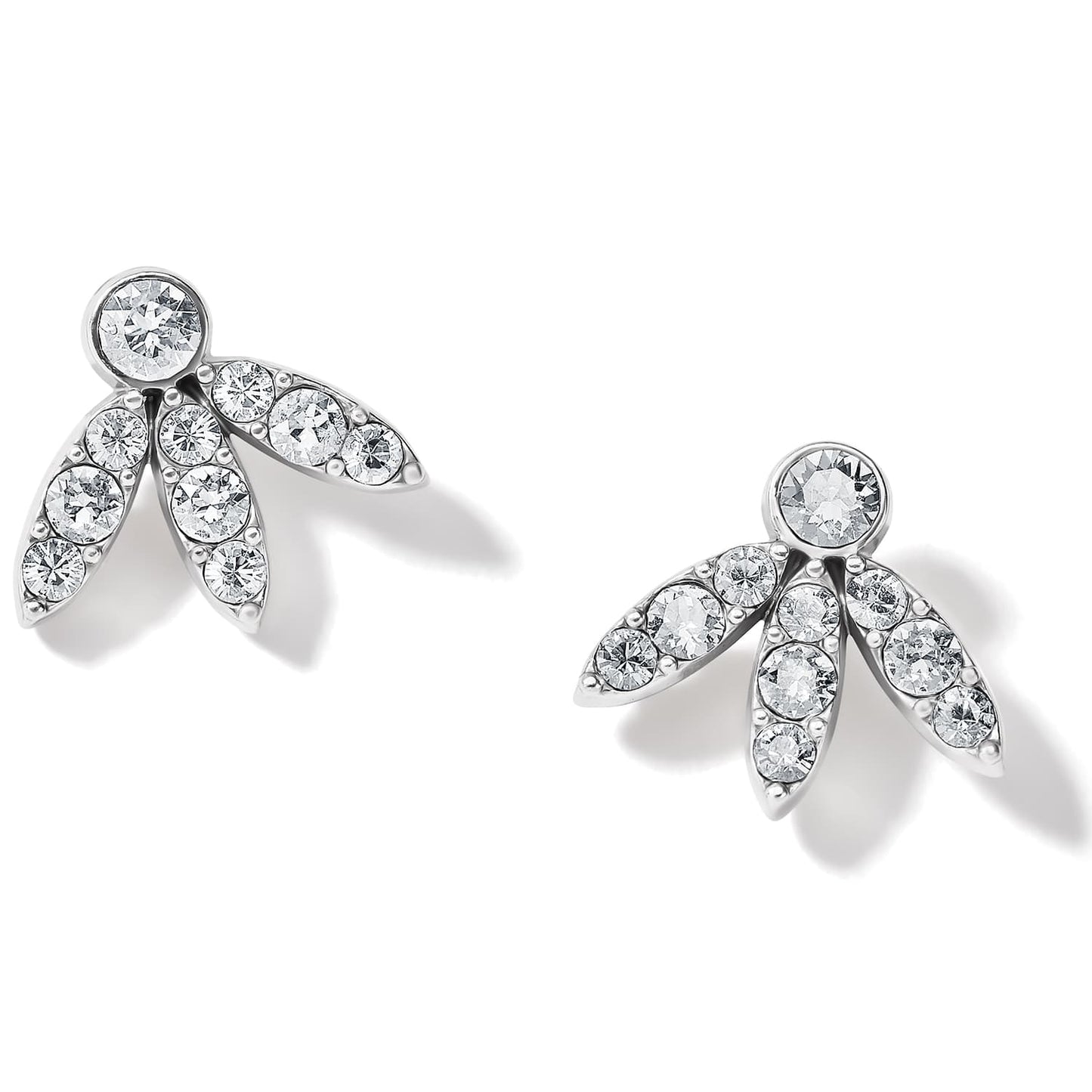 Brighton stud earrings with silver-plated leaf clusters and round crystal accents on a white background