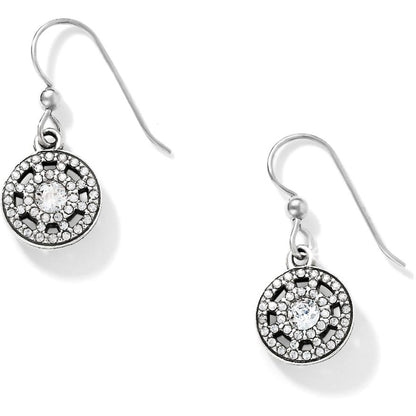 Brighton drop earrings with silver-plated round medallions featuring crystal pavé borders and center stones on a white background