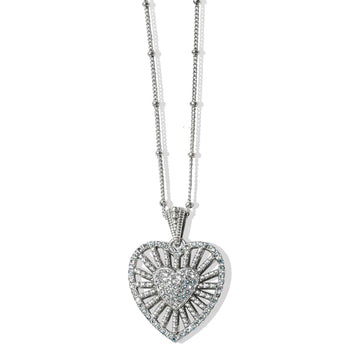 Brighton pendant necklace with silver-plated heart, crystal accents, and beaded double chain on a white background