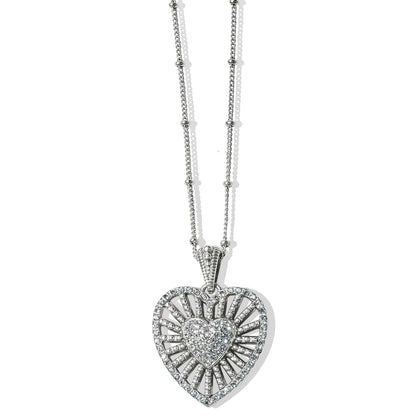 Brighton pendant necklace with silver-plated heart, crystal accents, and beaded double chain on a white background
