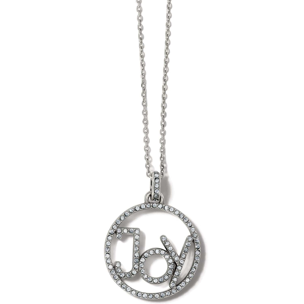 Brighton pendant necklace with silver-plated circle frame spelling Joy in crystals on a white background