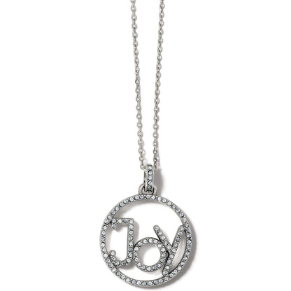 Brighton pendant necklace with silver-plated circle frame spelling Joy in crystals on a white background