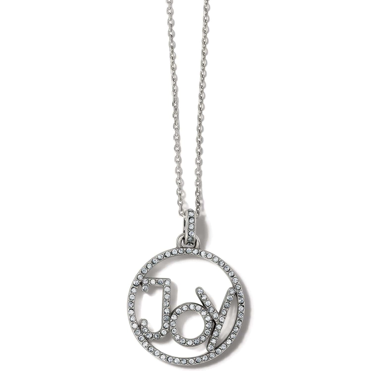 Brighton pendant necklace with silver-plated circle frame spelling Joy in crystals on a white background