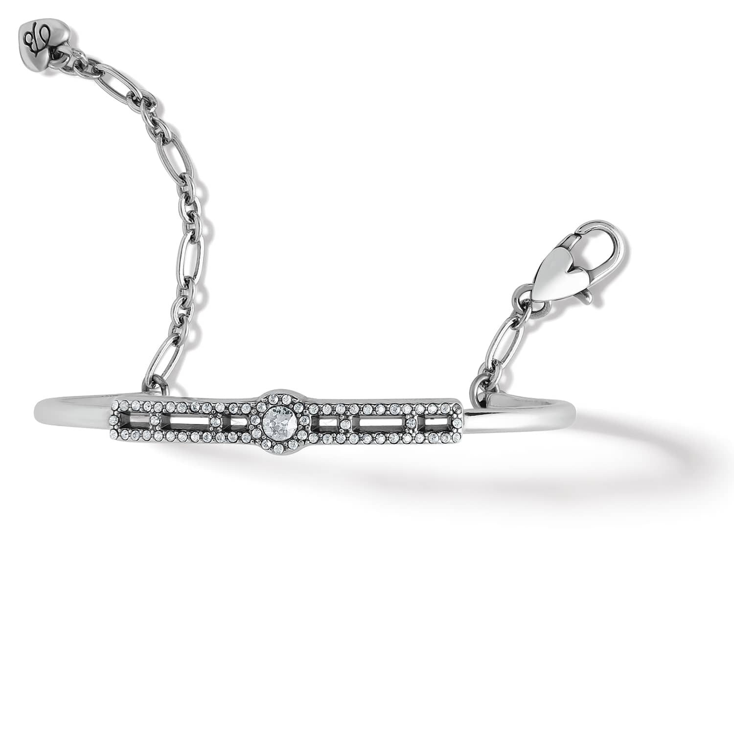 Brighton silver-plated bracelet with crystal-encrusted horizontal bar, central crystal, chain, and lobster clasp on a white background