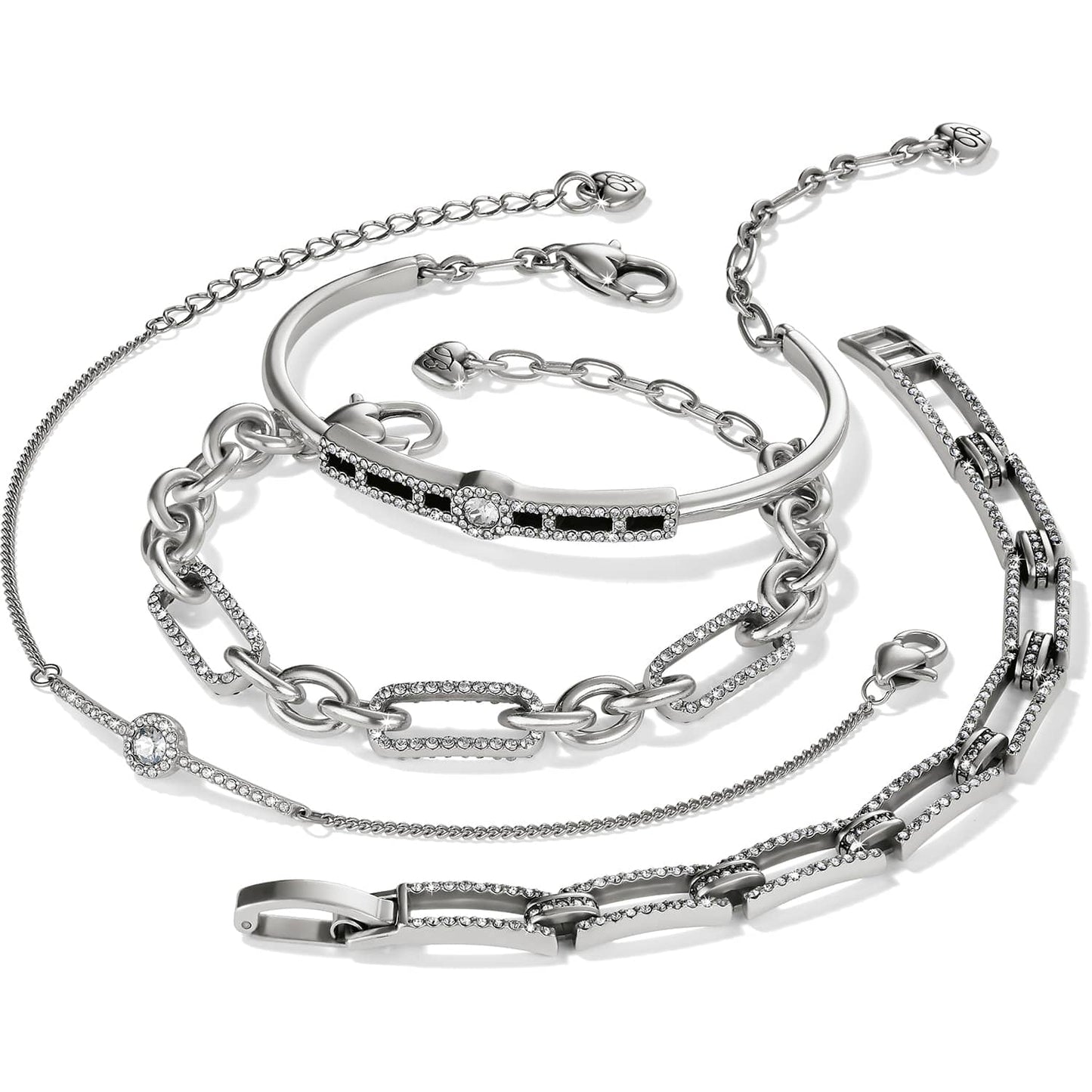 Brighton silver-plated bracelets featuring crystal-accented link, bangle, and chain styles arranged together on a white background