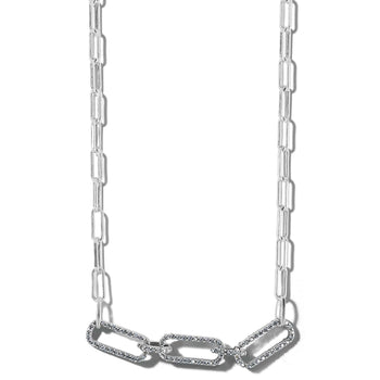 Brighton silver-plated paperclip chain necklace with crystal-encrusted linked stations at the center on a white background