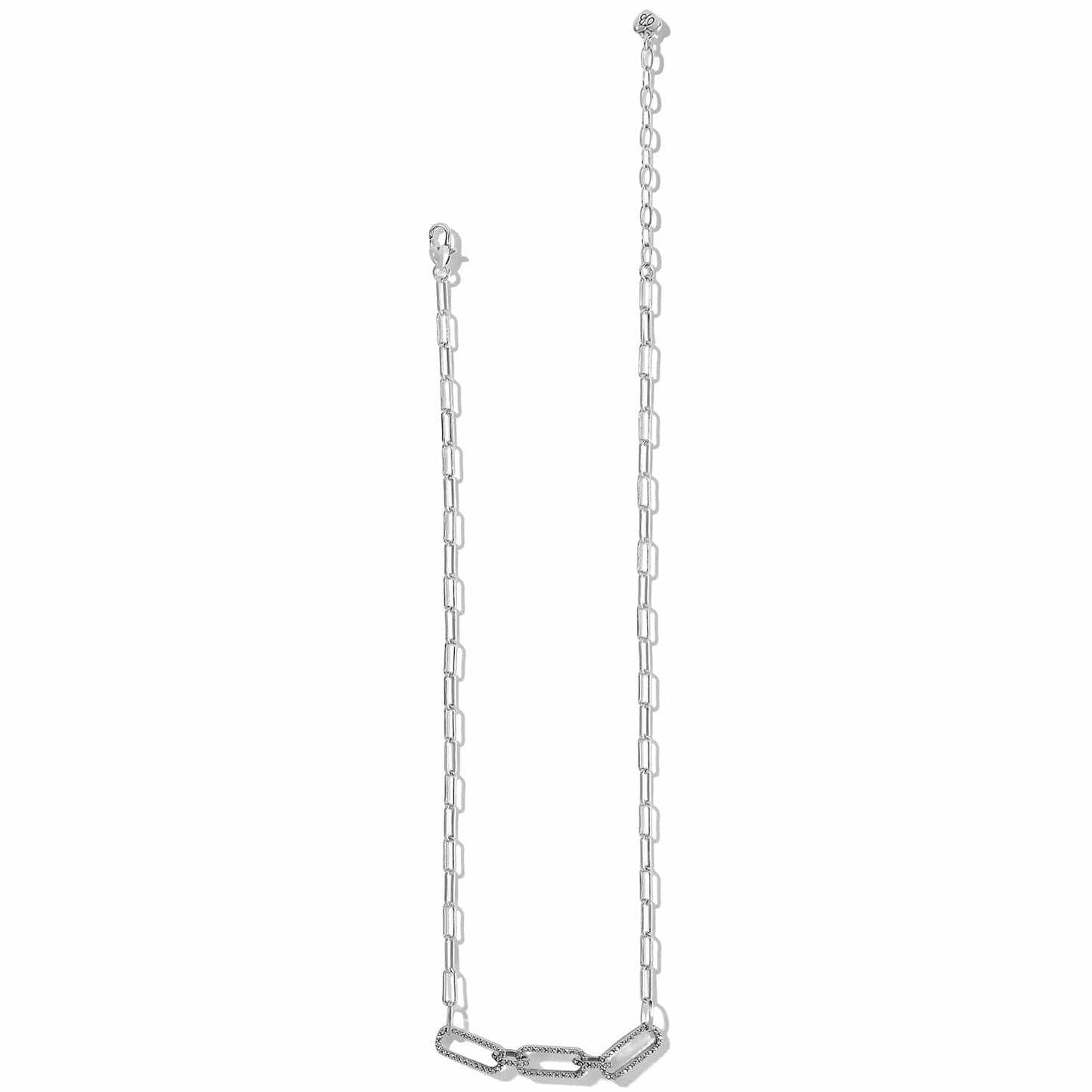 Brighton silver-plated paperclip chain necklace with crystal-accented center links and lobster clasp on a white background