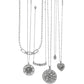 Brighton silver-plated necklaces with crystal pendants featuring floral medallion, bar, and heart designs on a white background