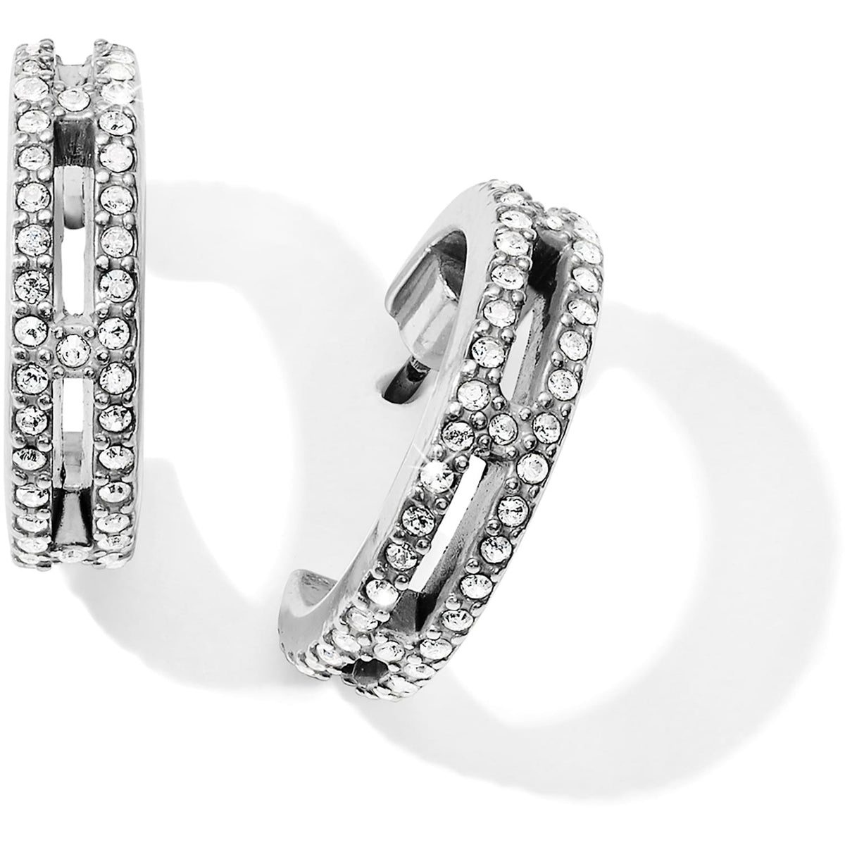 Brighton hoop earrings with silver-plated split band design and pavé crystal accents on a white background